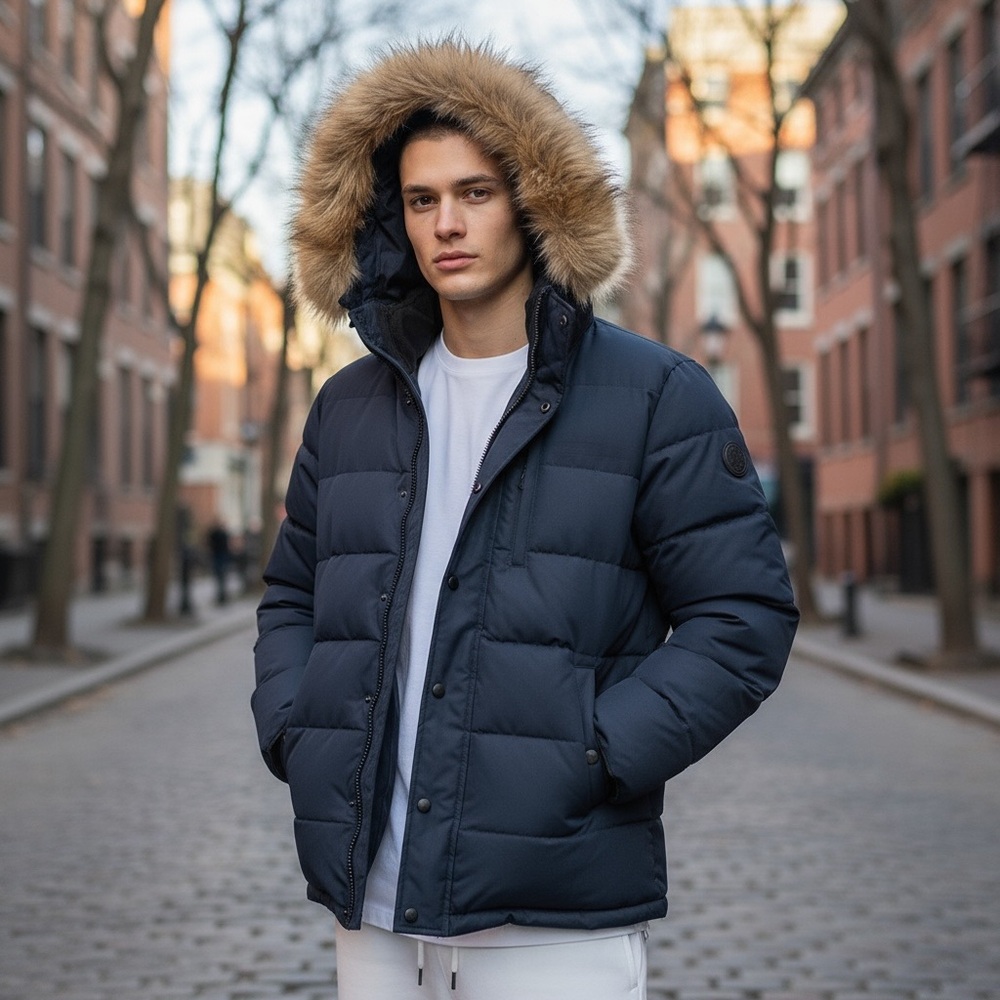 NOIZE‎ Callum Mid Length Parka, Cruelty Free, Mens, Navy Blue, Size Medium
